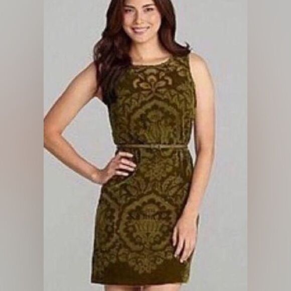 Chelsea and Violet tone on tone Olive velvet flocked fully lined  dress EUC SZ M - Picture 1 of 15